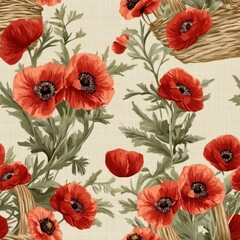Vintage Poppy Basket on vintage beige fabric background, seamless repeating pattern, textile print style, minimal, vibrant flower arrangement, artistic home decor, textiles 
