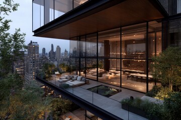 Fototapeta premium A luxurious apartment featuring expansive glass walls, contemporary decor, and a plant-filled balcony overlooking a vibrant city skyline at dusk.