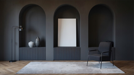 One frame mockup blank poster. frame mock up empty print background. picture frame in room. Gallery design realistic modern interior Dark walled room, curved walls