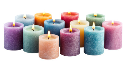 A collection of colorful candles lit and arranged beautifully for a cozy ambiance in a serene setting.