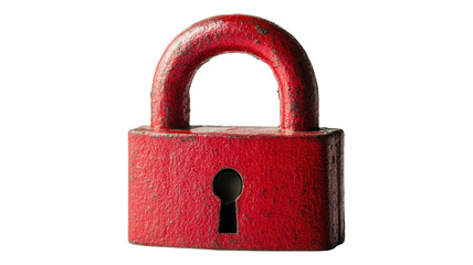 A close-up view of a weathered red padlock resting against a transparent background, showcasing its unique design and keyhole detail.