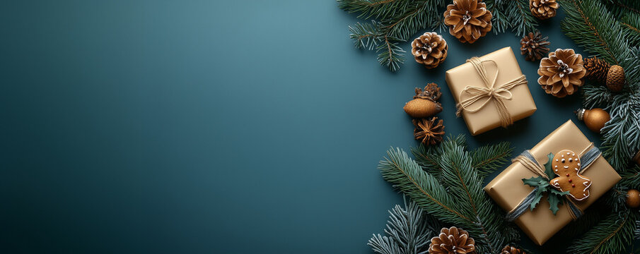 Christmas Gifts and Pine Decorations on a Festive Background