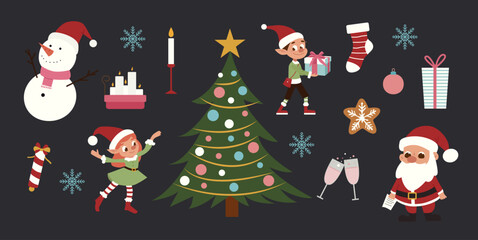 A festive sticker set featuring holiday elements like Santa Claus, elves, a snowman, a Christmas tree, and ornaments, perfect for celebrating the Christmas season