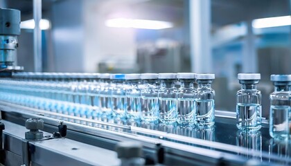 Medical vials moving on a production line conveyor belt in pharmaceutical healthcare factory manufacturing mass production prescription drugs medication