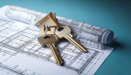 House keys on blueprints for new home.