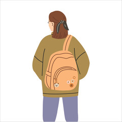 Back view of young woman with backpack. Vector illustration in flat style