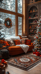 Warm room with snow outside and a Christmas tree, creating a Christmas atmosphere. Dreamy, ambient lighting, integrated art, real estate photography, medium shot.