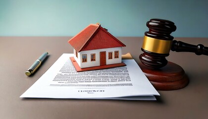 Legal documents, house model, gavel on table