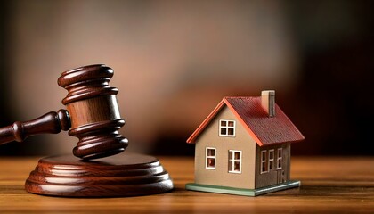 Gavel and miniature house on wooden table