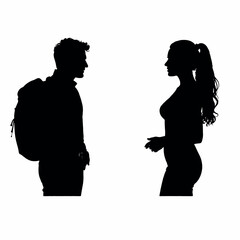 Silhouettes of a man and a woman standing together, facing each other in a white background