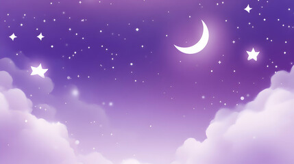 A soft purple background with flat design stars and moons scattered across the canvas, creating a dreamy night sky theme with muted purple tones