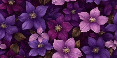 Fototapeta premium Vibrant Seamless Pattern with Clematis Flowers