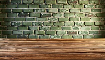 Product placement wooden table, blurred green bricks wall background with copy space product display mockup