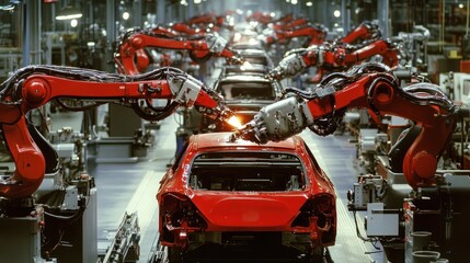 Fototapeta premium Vehicle assembly line with precise robotic arms, streamlined processes, and modern automotive production techniques.