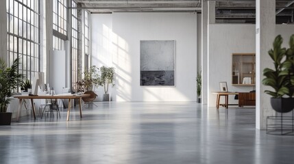 A creative studio where minimalist art and design projects are developed, surrounded by clean, open spaces