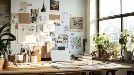 A creative workspace with vision boards displaying trendy topics and ideas, modern and minimalistic design