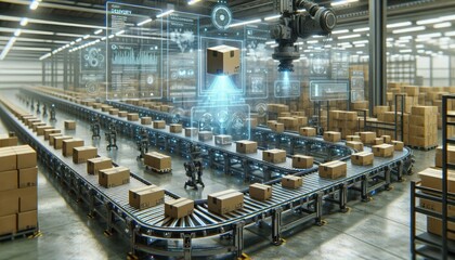Fototapeta premium AI-Driven Logistics: Futuristic Automated Warehouse with Advanced Parcel Sorting, Real-Time Tracking, and AI-Enhanced Systems for Efficient Package Management and Delivery