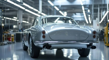 Obraz premium Vintage car manufacturing, using traditional methods alongside modern technology for classic vehicle restoration.