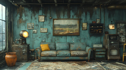 This is a scrapyard style living room, with industrial lighting, raw walls, rotten vases, steel table tops, minimalism, exposed wires, gross details, high resolution and ultra high definition.