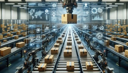 Fototapeta premium AI-Driven Logistics: Futuristic Automated Warehouse with Advanced Parcel Sorting, Real-Time Tracking, and AI-Enhanced Systems for Efficient Package Management and Delivery
