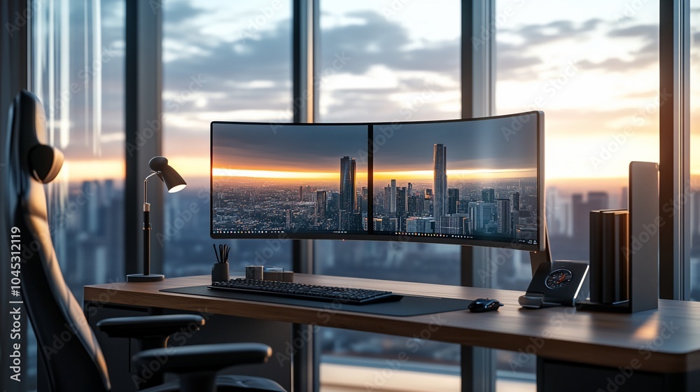 Poster a modern office workspace with a panoramic view of a city skyline from two large curved monitors.