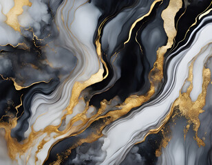 Luxury abstract fluid art painting in alcohol ink technique, mixture of black, gray and gold paints background