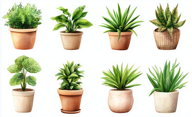 Watercolor house plants in pots clip art set, white background