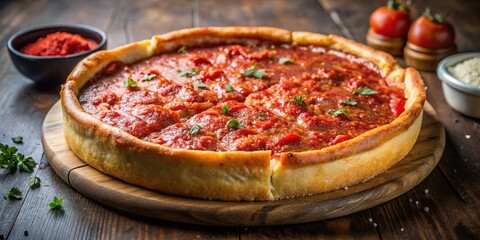 Chicago style deep dish pizza on wooden table