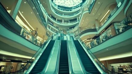 Obraz premium Elegant shopping mall with modern architecture, shops on both levels, and an open atrium.