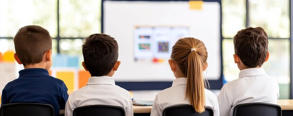 STEM Education class with young students gathered around a digital whiteboard
