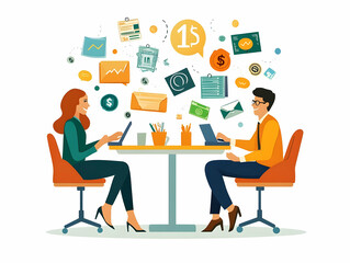Flat Candid Lunch Meeting with Floating Financial Symbols, Professionals Discussing Business Strategies, Dollar Signs & Discount Tags, Simple Vector in Smart Business Tone on White Background