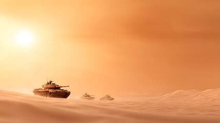 Desert Battlefield Assault Military Convoy Navigates Sandstorm with Camouflage Tanks and Gear - Intense Action in Sun-Soaked Terrain