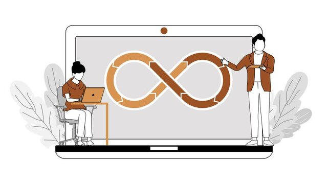 New IT project, DevSecOps system. Modern technology. Programmers for software development and operation DevOps concept. 3d animation. faceless. Symbol of infinity.