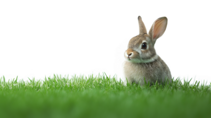 Rabbit on green grass isolated on transparent background