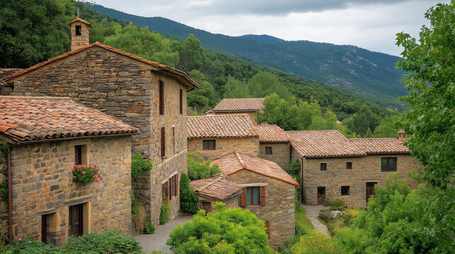 view of the rural village Os de Civ?s in the Catalan Pyrenees with the stone houses