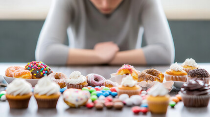 Sad person surrounded by sugary foods, reflecting the struggle between indulgence and emotional well-being, highlighting the complexities of comfort and self-care.