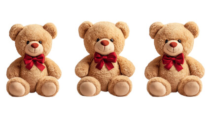 Fototapeta premium Three cute teddy bears sitting together with bright red bows, perfect for gifts or decorations, against a transparent background.