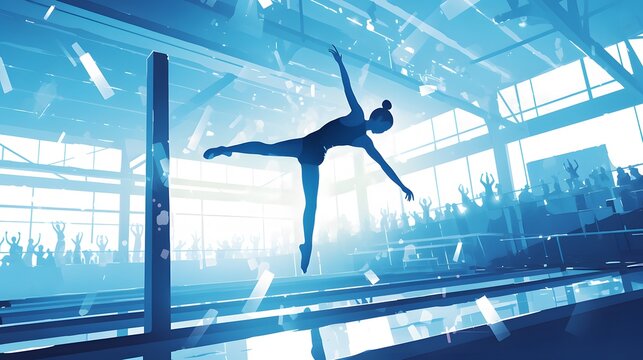 A silhouette athlete performing a gymnastics routine on the parallel bars, with the gym equipment and floor faintly outlined in 2D vector style