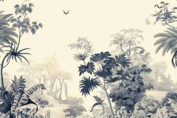 Fototapeta premium Oriental toile art style with plant wallpaper outdoors nature sketch.