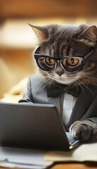 Serious Cat in Suit and Glasses Working on Laptop, Concept of Business and Technology