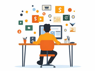 Flat Employee Working on Computer with Currency Symbols and Discount Icons, Candid Photo Enhancing Digital Financial Management, Business Advertising Strategies, Simple Vector Illustration, Ample Copy