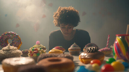 Sad person surrounded by sugary foods, reflecting the struggle between indulgence and emotional well-being, highlighting the complexities of comfort and self-care.