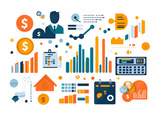Professional Financial Report Illustration with Currency Symbols & Discount Tags in Soft Abstract Background for Financial Analysis & Business Advertising, Vector Design with Copy Space