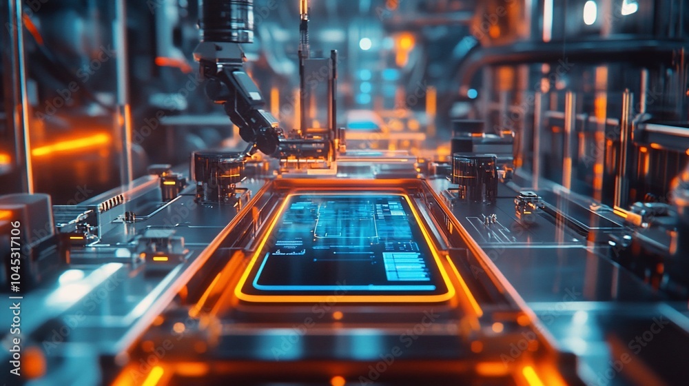 Poster a robotic arm assembling a smartphone on a production line in a futuristic factory.