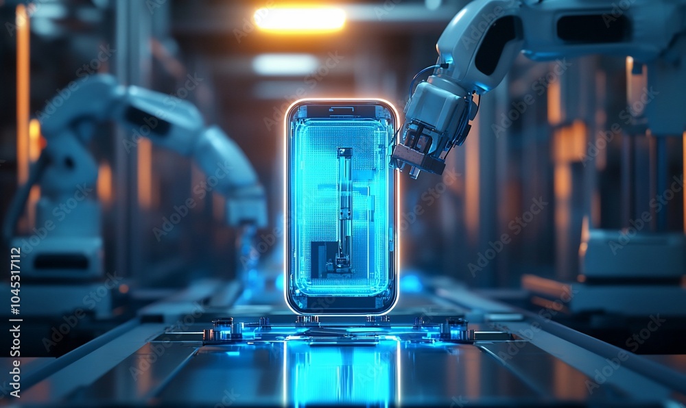 Aufkleber a robotic arm assembles a smartphone on a factory production line.