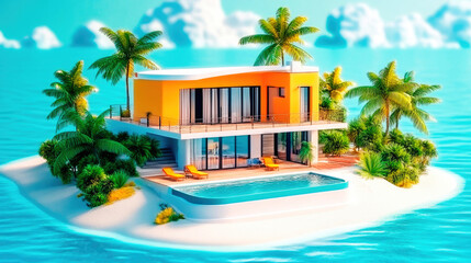 Fototapeta premium 3D miniature of a modern house on an island with a swimming pool. Surrounded by palm trees and turquoise water, it conveys the atmosphere of luxury and privacy in the tropics