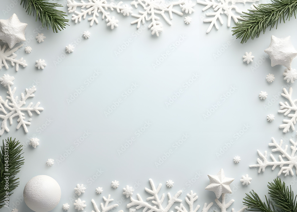 Poster snowflakes frame a pastel gray flat lay with christmas and winter elements in a festive composition 