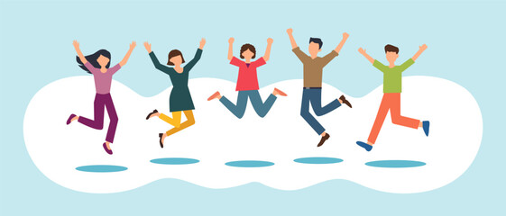 大学生ぐらいの若い男女が喜びを表現してジャンプするシンプルなフラットベクター画像イラスト