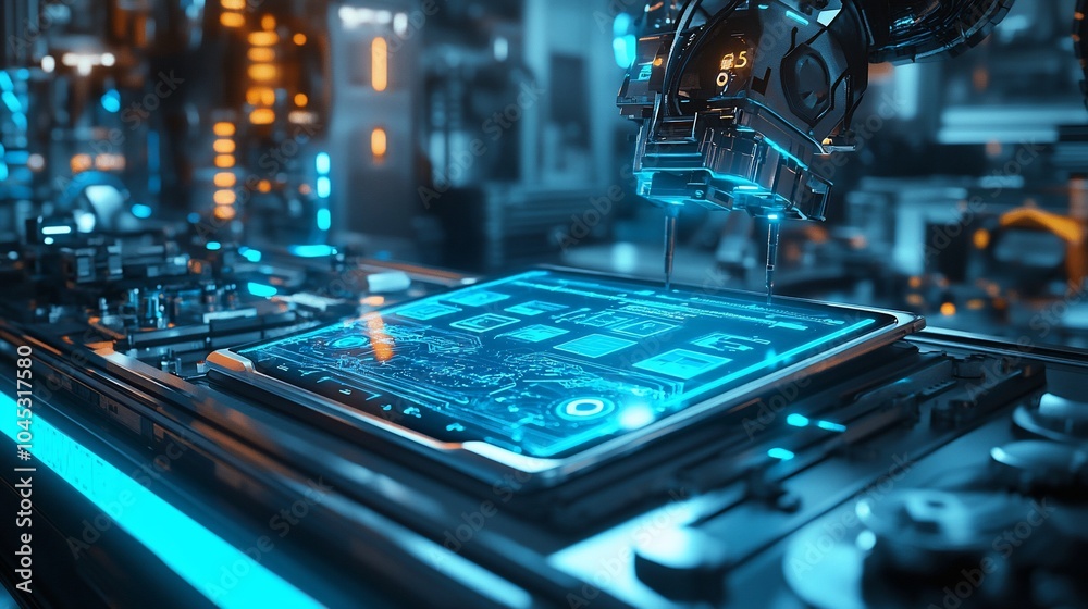 Poster A robotic arm hovers over a futuristic, glowing tablet displaying data and graphs in a high-tech industrial setting.
