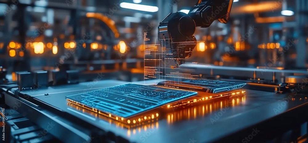 Aufkleber A robotic arm in a factory setting is assembling a circuit board. 